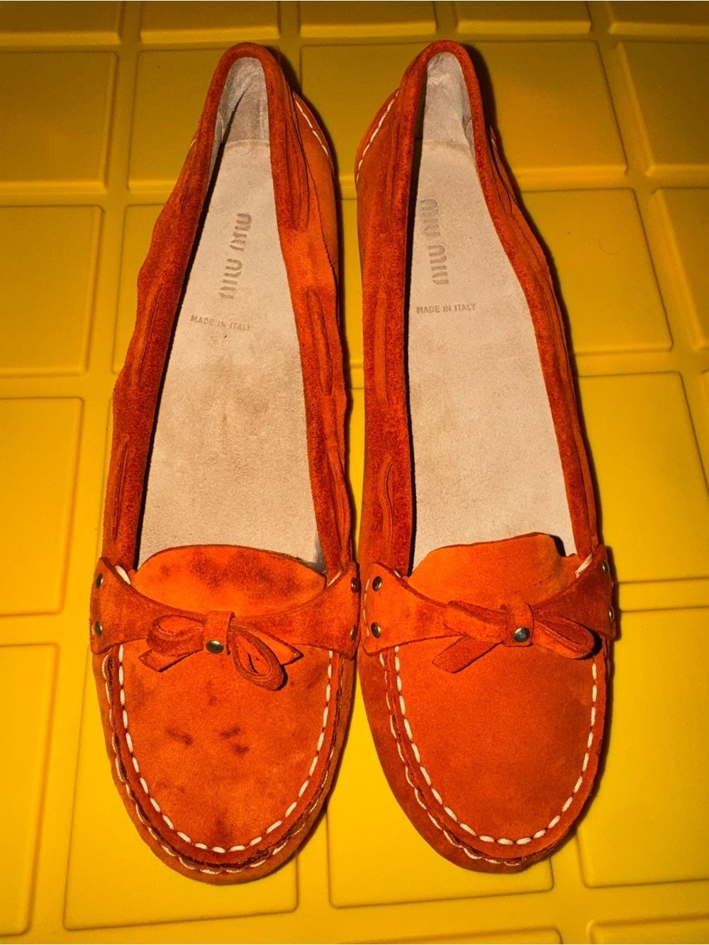 Miu Miu Burnt Orange Suede Bow Moccasins